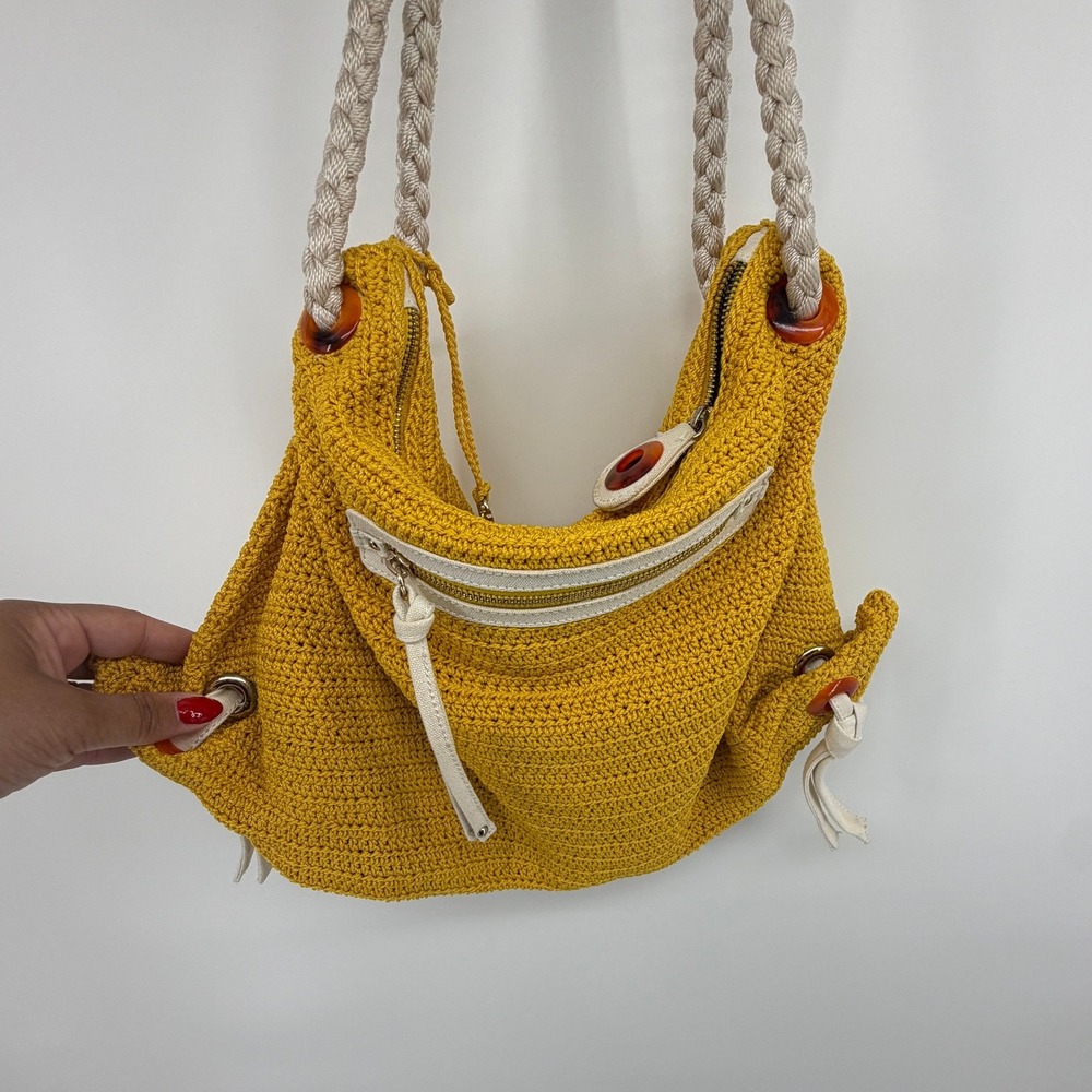 The Sak Shoulder Bag Crochet Braided Rope Large Mustard Yellow Women Boho Hobo